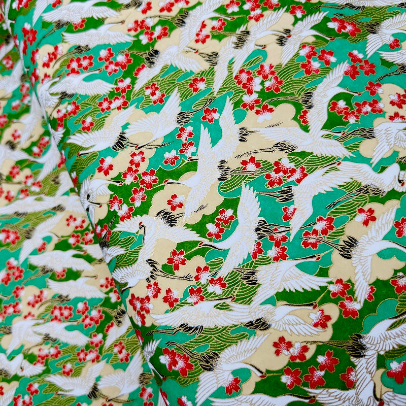 Japanese Yuzen Washi Paper - Cranes with Cherry blossoms - Green - Y1331