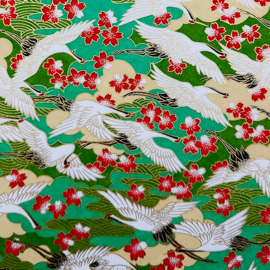 Japanese Yuzen Washi Paper - Cranes with Cherry blossoms - Green - Y1331