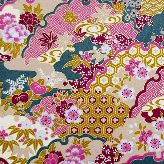 Japanese Yuzen Washi Paper - Flowers -Rose Pink, Grey Green and Mustard - Y1333