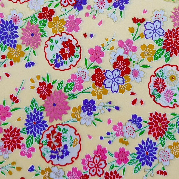 Japanese Yuzen Washi Paper - Kimono Flowers -Cream - Y1337