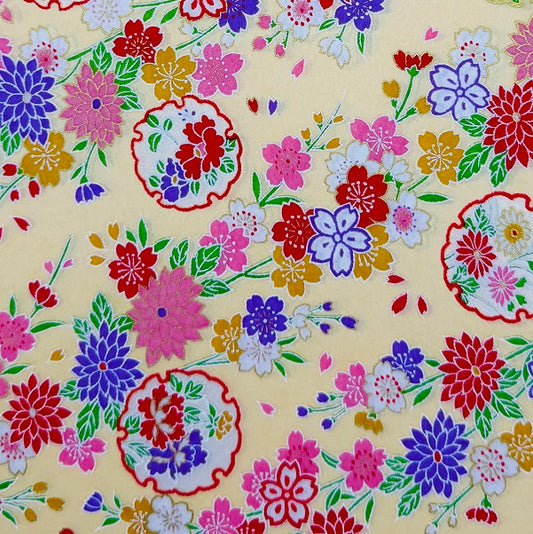 Japanese Yuzen Washi Paper - Kimono Flowers -Cream - Y1337