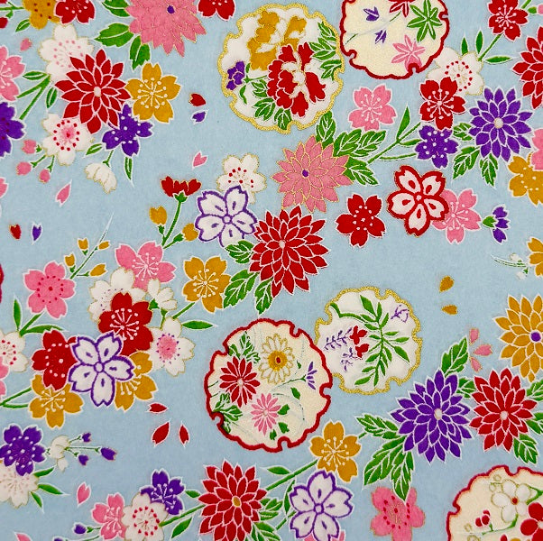 Japanese Yuzen Washi Paper - Kimono Flowers - Light Blue - Y1338