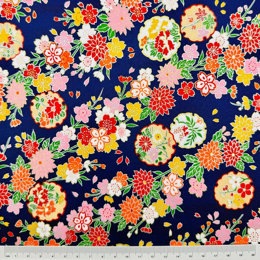 Japanese Yuzen Washi Paper - Kimono Flowers - Dark Blue - Y1339