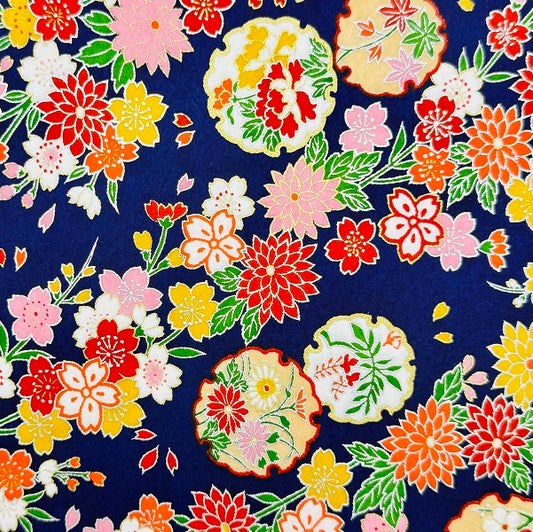 Japanese Yuzen Washi Paper - Kimono Flowers - Dark Blue - Y1339