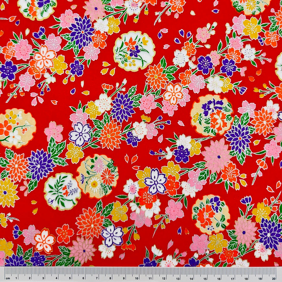 Japanese Yuzen Washi Paper - Kimono Flowers - Red - Y1350
