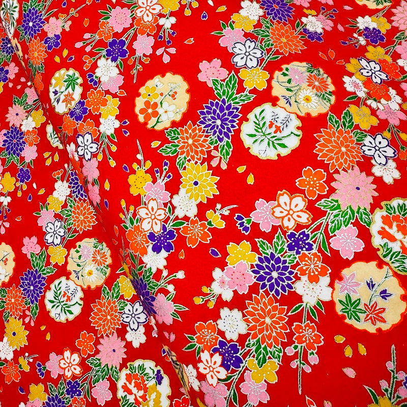 Japanese Yuzen Washi Paper - Kimono Flowers - Red - Y1350