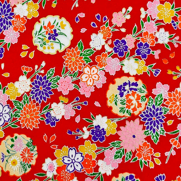 Japanese Yuzen Washi Paper - Kimono Flowers - Red - Y1350