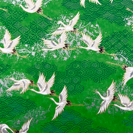 Japanese Yuzen Washi Paper - Cranes - Green - Y1357