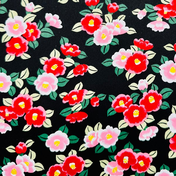 Japanese Yuzen Washi Paper - Camellia - Red, Pink, Black - Y1365