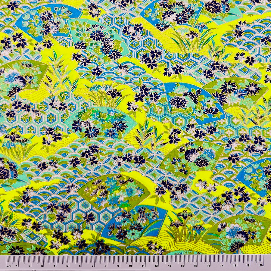 Japanese Yuzen Washi Paper - Traditional Floral pattern - Neon Yellow - Y1368