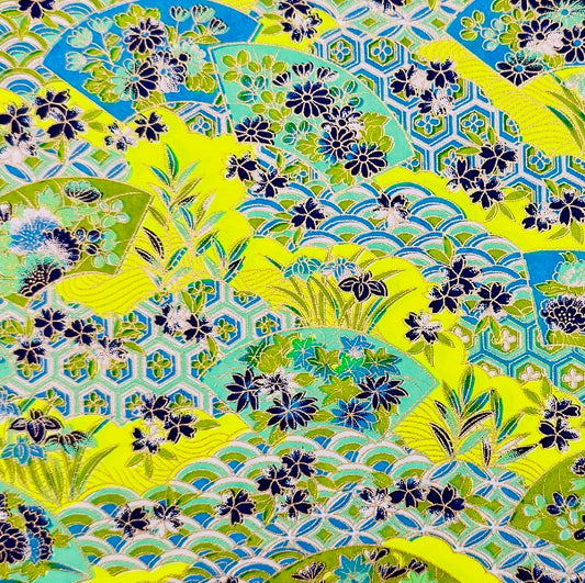 Japanese Yuzen Washi Paper - Traditional Floral pattern - Neon Yellow - Y1368