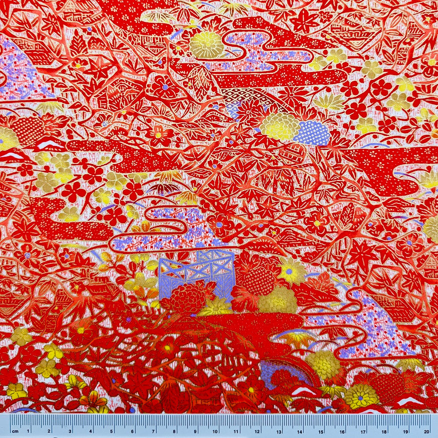 Japanese Yuzen Washi Paper - Bingata staylel Floral pattern - Red - Y1369
