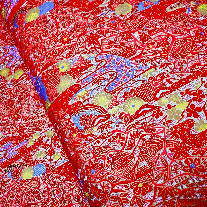 Japanese Yuzen Washi Paper - Bingata staylel Floral pattern - Red - Y1369