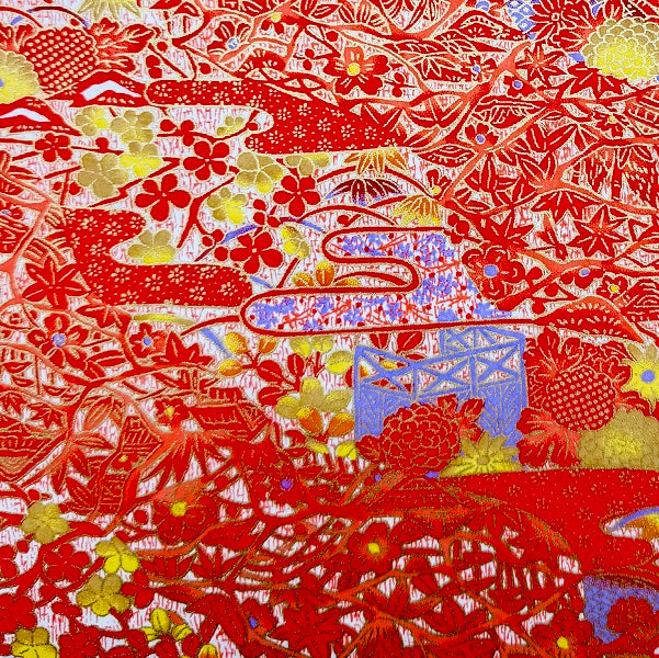 Japanese Yuzen Washi Paper - Bingata staylel Floral pattern - Red - Y1369