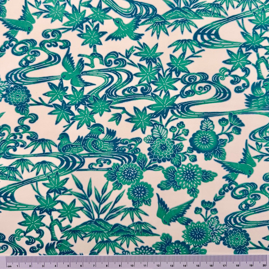 Japanese Yuzen Washi Paper - Bingata Style Flowers and Birds - Cream/Tourquoise - Y1371