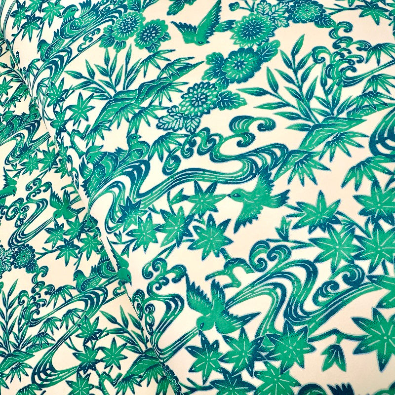 Japanese Yuzen Washi Paper - Bingata Style Flowers and Birds - Cream/Tourquoise - Y1371