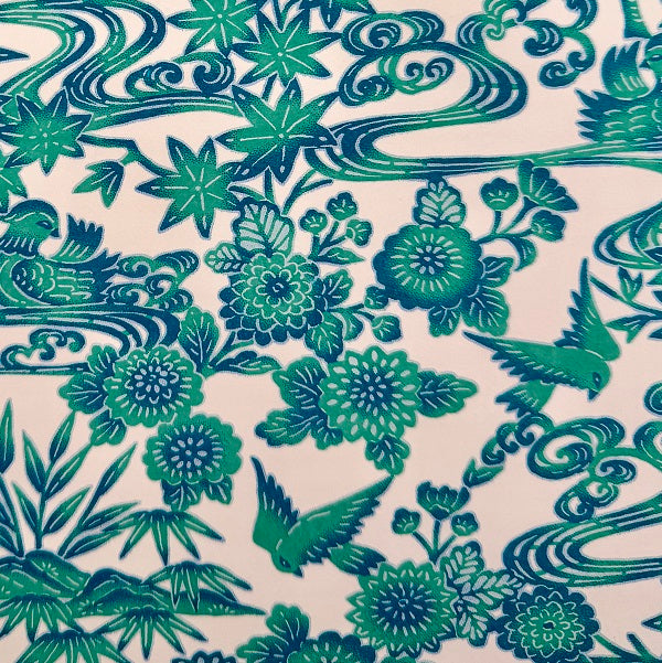 Japanese Yuzen Washi Paper - Bingata Style Flowers and Birds - Cream/Tourquoise - Y1371