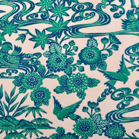 Japanese Yuzen Washi Paper - Bingata Style Flowers and Birds - Cream/Tourquoise - Y1371