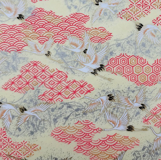 Japanese Yuzen Washi Paper - Flying Cranes - Cream - Y1373