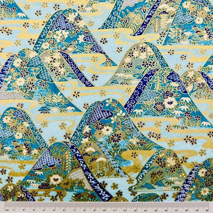 Japanese Yuzen Washi Paper - Flowering Mountains - Blue - Y1374