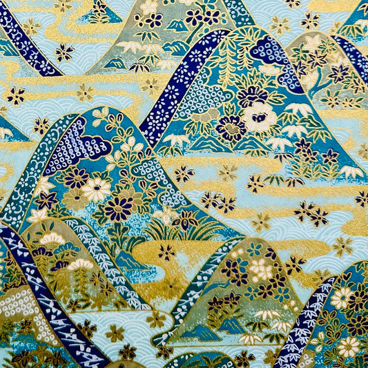 Japanese Yuzen Washi Paper - Flowering Mountains - Blue - Y1374