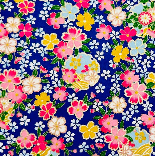 Japanese Yuzen Washi Paper - Flowers - Blue, Pink - Y1376