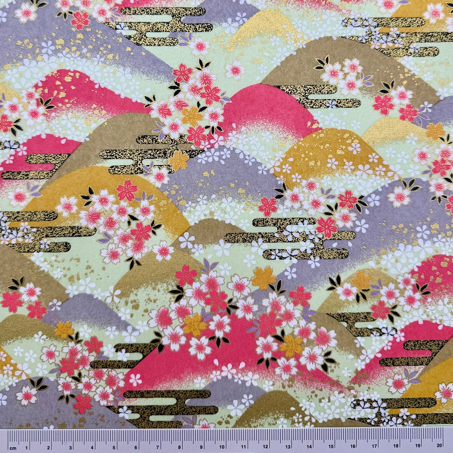 Japanese Yuzen Washi Paper - Mountains and Cherry blossoms - Light Green, Pink - Y1382