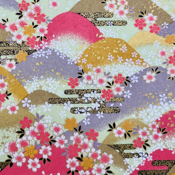 Japanese Yuzen Washi Paper - Mountains and Cherry blossoms - Light Green, Pink - Y1382