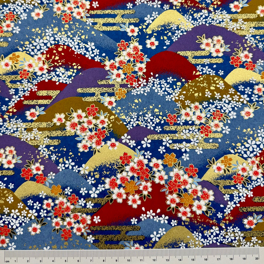 Japanese Yuzen Washi Paper - Mountains and Cherry blossoms - Blue, Red - Y1383