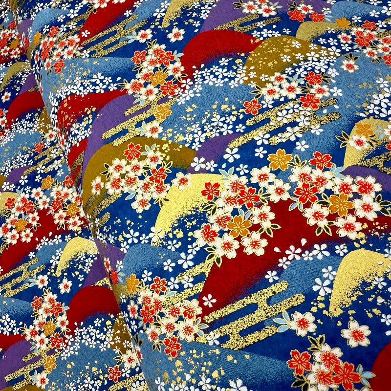 Japanese Yuzen Washi Paper - Mountains and Cherry blossoms - Blue, Red - Y1383