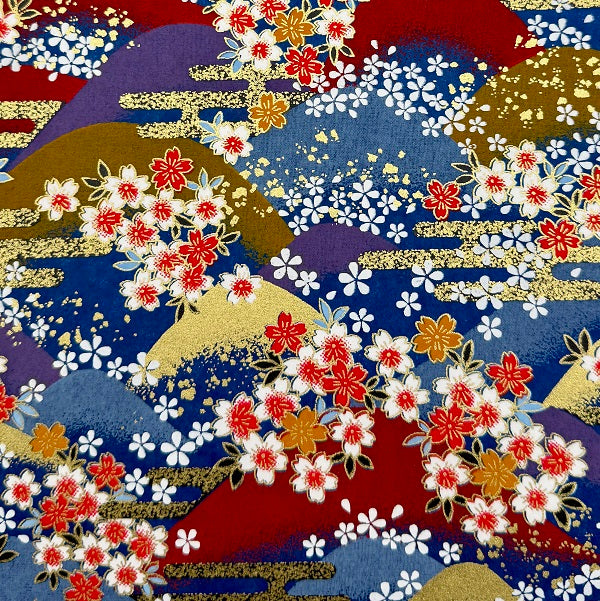 Japanese Yuzen Washi Paper - Mountains and Cherry blossoms - Blue, Red - Y1383