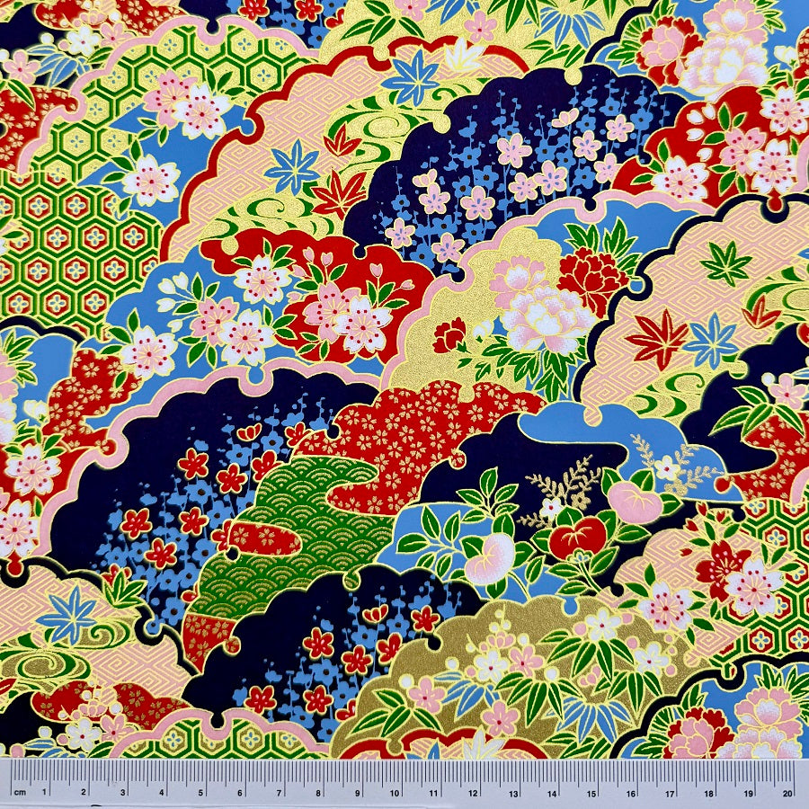 Japanese Yuzen Washi Paper - Flowers with Traditional pattern - Gold, Red, Blue - Y1384