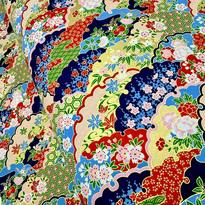 Japanese Yuzen Washi Paper - Flowers with Traditional pattern - Gold, Red, Blue - Y1384