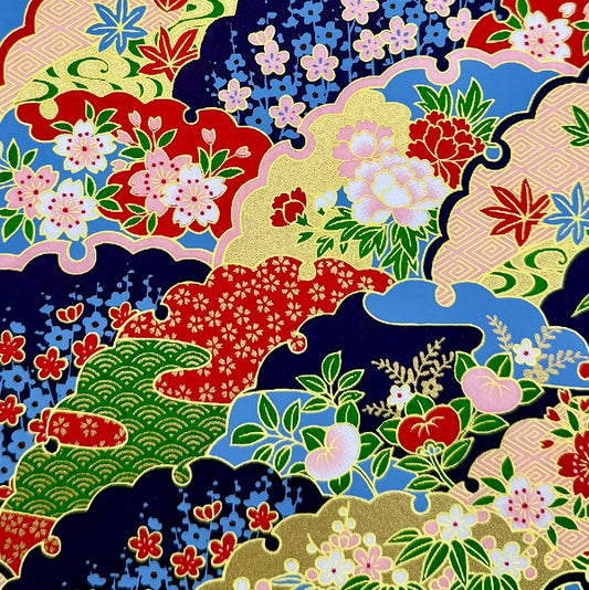 Japanese Yuzen Washi Paper - Flowers with Traditional pattern - Gold, Red, Blue - Y1384