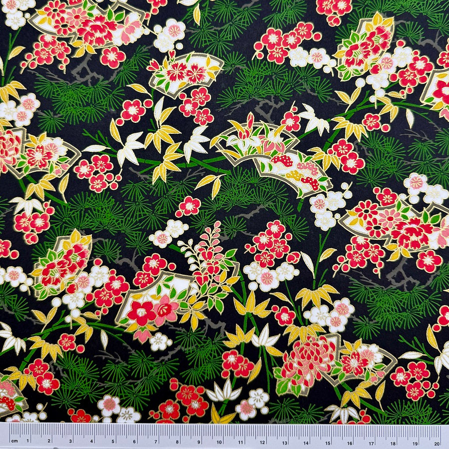 Japanese Yuzen Washi Paper -  Flowers, Pine Tree - Black- Y1386