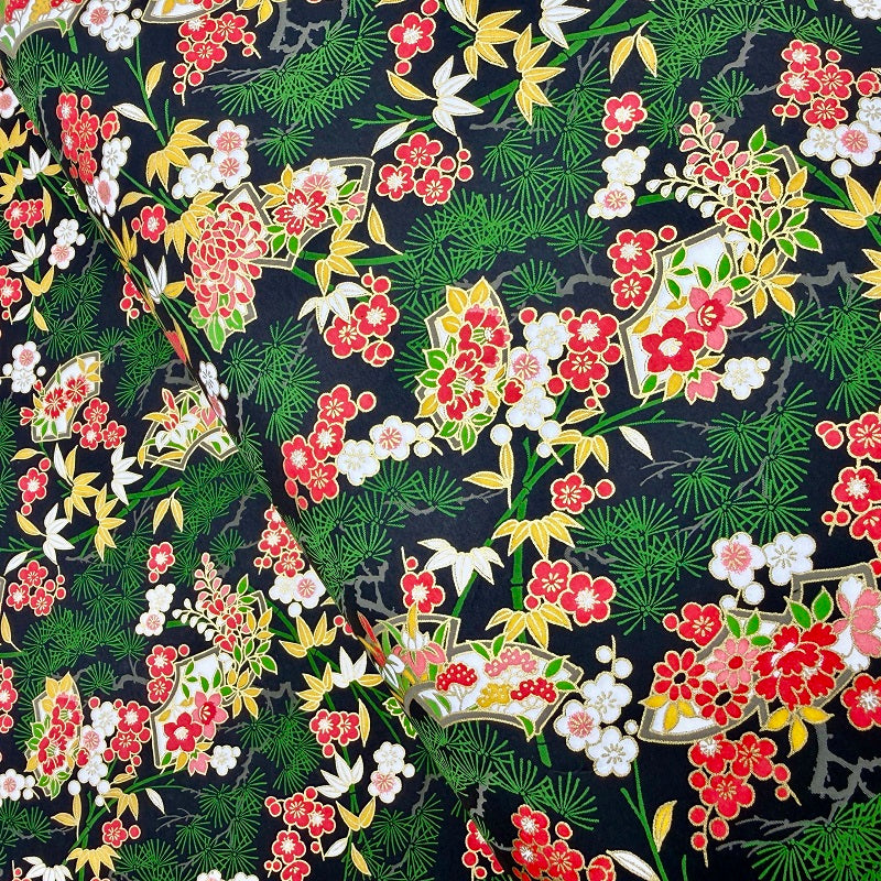 Japanese Yuzen Washi Paper -  Flowers, Pine Tree - Black- Y1386