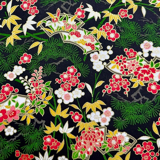 Japanese Yuzen Washi Paper -  Flowers, Pine Tree - Black- Y1386