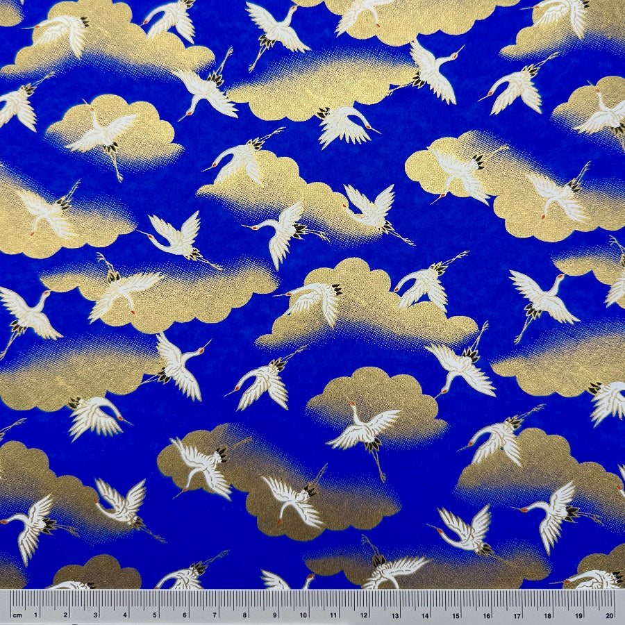 Japanese Yuzen Washi Paper - Cranes, Clouds - Roral Blue - Y1387