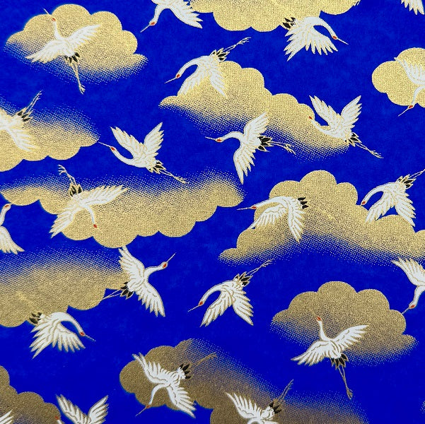 Japanese Yuzen Washi Paper - Cranes, Clouds - Roral Blue - Y1387