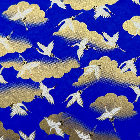 Japanese Yuzen Washi Paper - Cranes, Clouds - Roral Blue - Y1387
