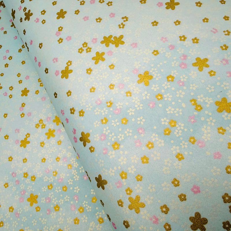 Japanese Yuzen Washi Paper - Small floral - Gold, Pearly light blue -  Y1393