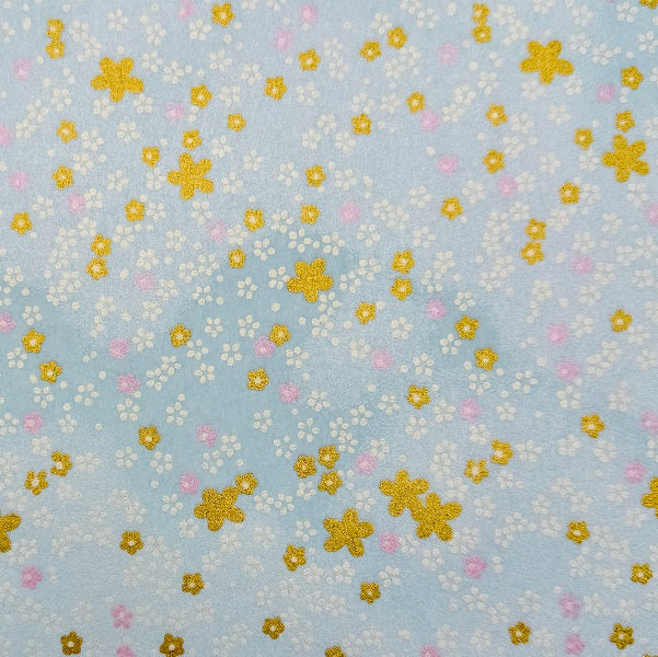 Japanese Yuzen Washi Paper - Small floral - Gold, Pearly light blue -  Y1393