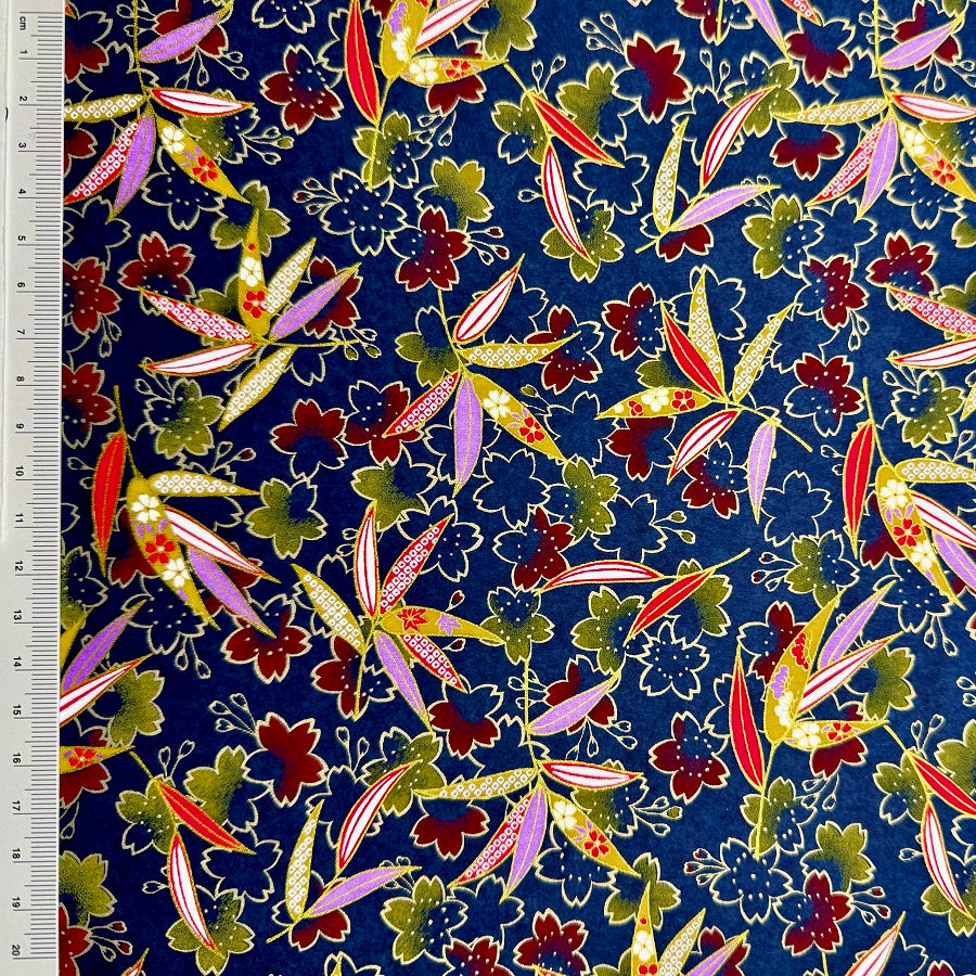 Japanese Yuzen Washi Paper - Leaves & Cherry blossoms - Navy blue -  Y1394