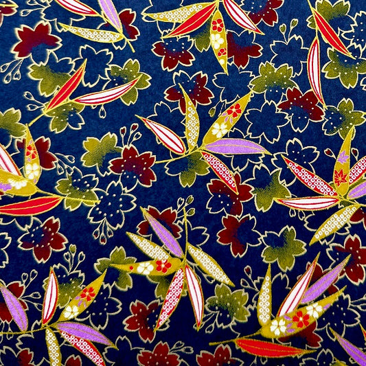 Japanese Yuzen Washi Paper - Leaves & Cherry blossoms - Navy blue -  Y1394