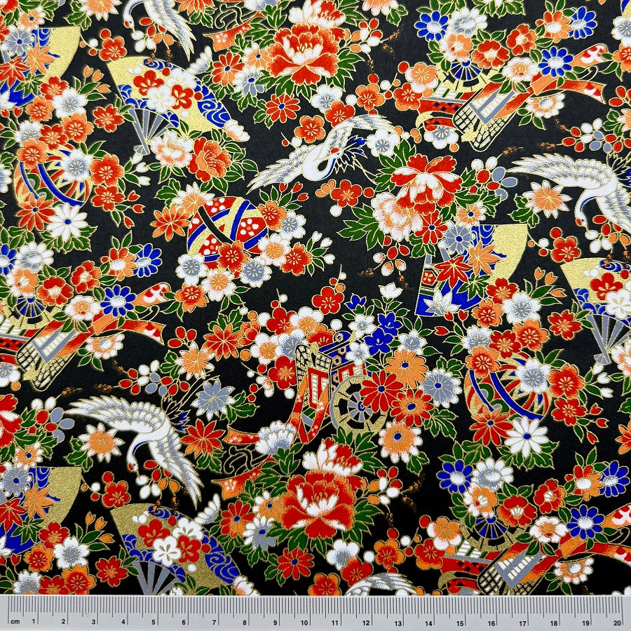 Japanese Yuzen Washi Paper - Cranes, Flowers, Gosho carriage - Black -  Y1395