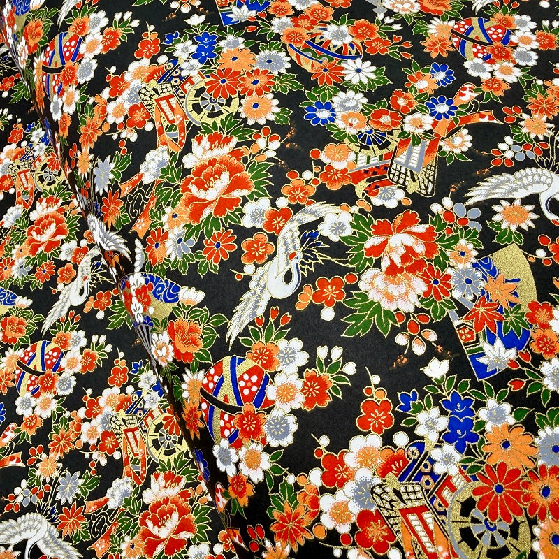 Japanese Yuzen Washi Paper - Cranes, Flowers, Gosho carriage - Black -  Y1395