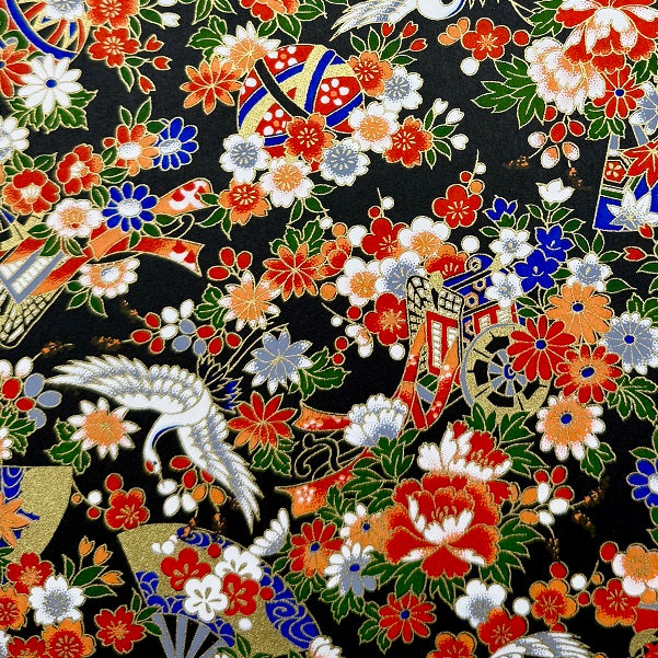 Japanese Yuzen Washi Paper - Cranes, Flowers, Gosho carriage - Black -  Y1395