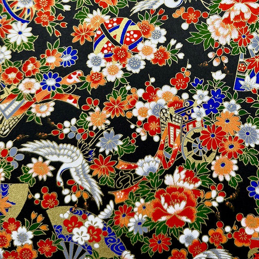 Japanese Yuzen Washi Paper - Cranes, Flowers, Gosho carriage - Black -  Y1395