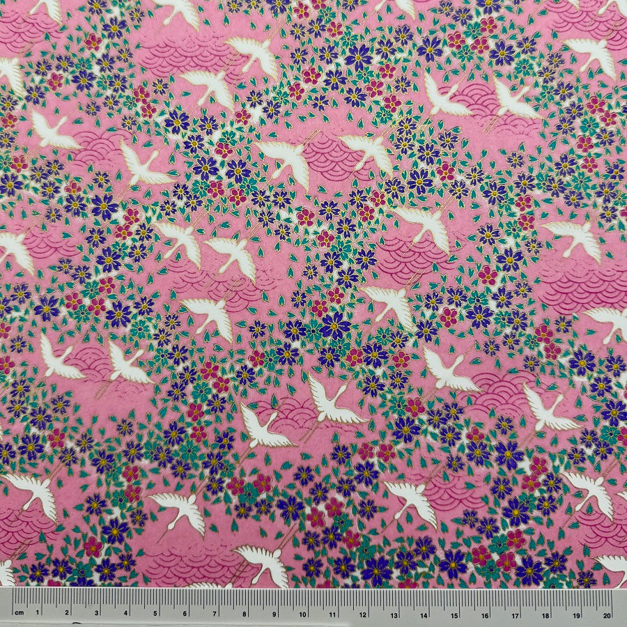 Japanese Yuzen Washi Paper - Cranes & Flowers, - Pink -  Y1396