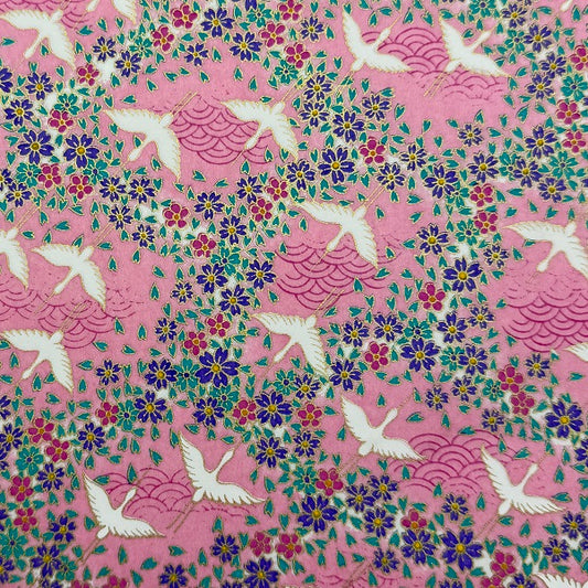 Japanese Yuzen Washi Paper - Cranes & Flowers, - Pink -  Y1396